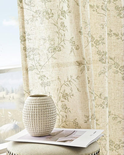 jinchan Green Floral Linen Curtains 96 Inch Farmhouse Back Tab 2 Panels | - Image 5