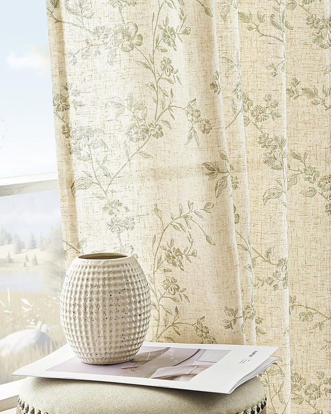 jinchan Green Floral Linen Curtains 63 Inch Farmhouse Back Tab 2 Panels | - Image 5