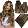 Full Shine Human Hair Clip in Extensions Brown Hair Extensions Clip ins 18 Inch 135 G Medium Brown Balayage Honey Blonde Invisible Hair Extensions for Women 7 Pcs