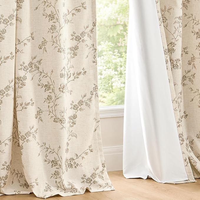Blackout Vintage Floral Linen Curtains Taupe on Beige 50×63 2 Panels | Elisa - Image 8