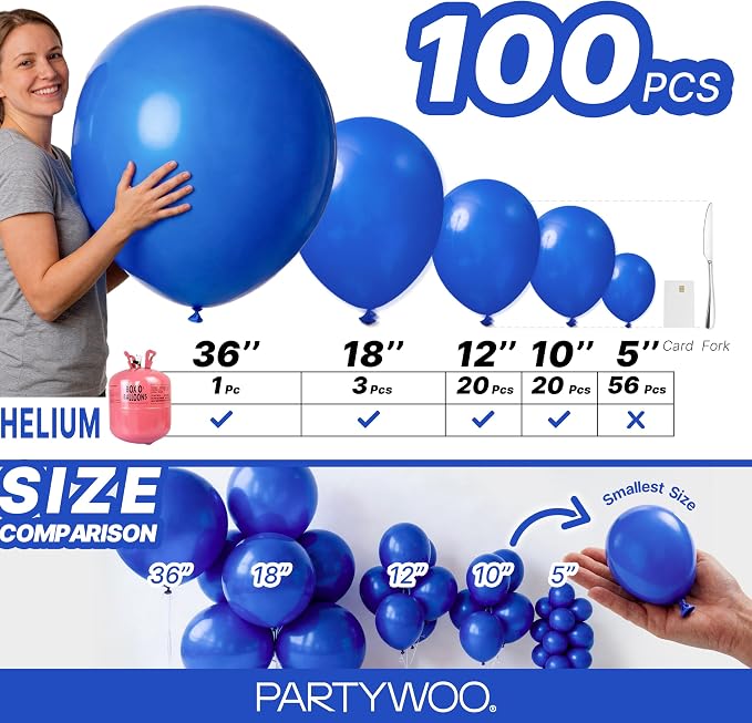 PartyWoo Royal Blue Balloons 100pcs Dark Blue Balloons Different Sizes | 36 18 - Image 6