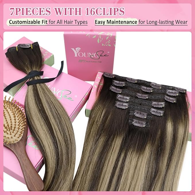 YoungSee Invisible Clip in Hair Extensions Human Hair Brown Balayage Clip on Hair Extensions Chocolate Brown with Ash Blonde Balayage Clip ins Real Human Hair Extension for Natural Look 120G 7Pcs 16In