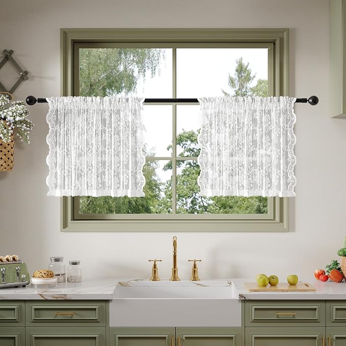 Anmao Vintage Lace Kitchen Curtains 24 Inches Long 2 Panels, Romantic Semi by Anmao