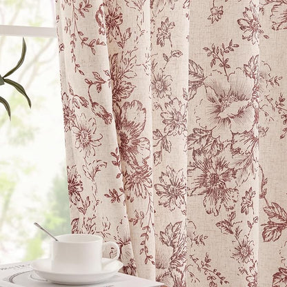 jinchan Red Floral Linen Curtains Lined 90 Inch Farmhouse Back Tab 2 Panels | - Image 7