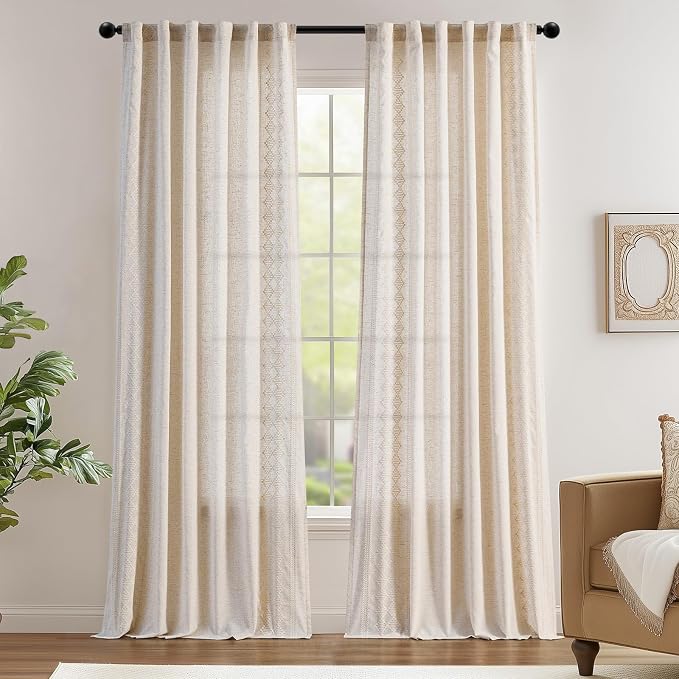 jinchan Floral Linen Curtains Embroidered Back Tab 50x96in 2 Panels Ivory | - Image 2