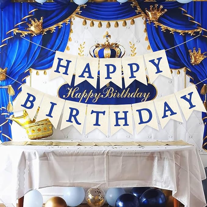 Blue Happy Birthday Banner Pre-strung Burlap Bunting Party Backdrop Sign - Image 3