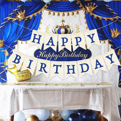 Blue Happy Birthday Banner Pre-strung Burlap Bunting Party Backdrop Sign - Image 3
