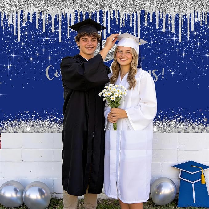 Mocsicka Blue and Sliver Graduation Backdrop Congratulations Class of 2026 - Image 4