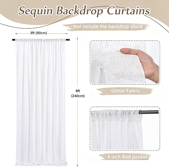 White Sequin Backdrop Curtains-2 Panels 3FTx8FT White Backdrop - Image 2