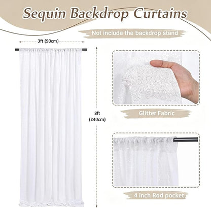 White Sequin Backdrop Curtains-2 Panels 3FTx8FT White Backdrop - Image 2