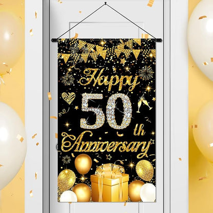 50th Anniversary Decorations Small Banner Black Gold Happy 50th Anniversary by Wayyogh