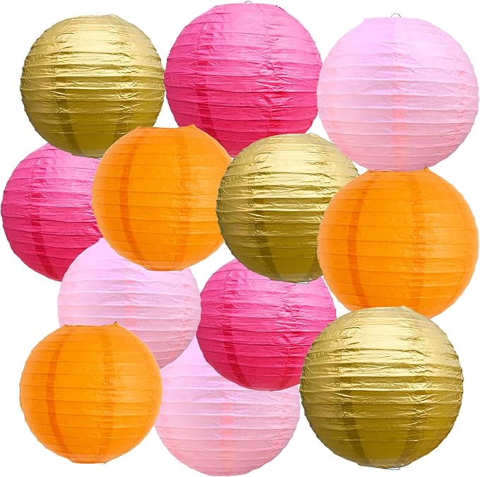 BEISHIDA Pink Orange Gold Paper Lanterns 6/8/10 Inch Round Chinese Lamp | 12Pcs by Beishida