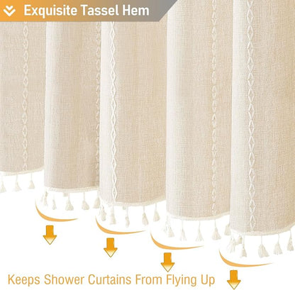 Cream Boho Farmhouse Linen Heavy Duty Shower Curtain Set, Water Repellent - Image 6