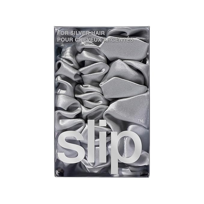 SLIP 100% Pure 22 Momme Mulberry Silk Scrunchies for Women - Back to Basics Assorted Style - Hair-Friendly + Luxurious Elastic Scrunchies Set (3 Count - Silver)