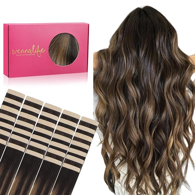 WENNALIFE Tape in Hair Extensions Human Hair, 40pcs 100g 20 inch Balayage Natural Black to Chestnut Brown Hair Extensions Real Human Hair Straight Tape in Extensions Invisible Human Hair Extensions