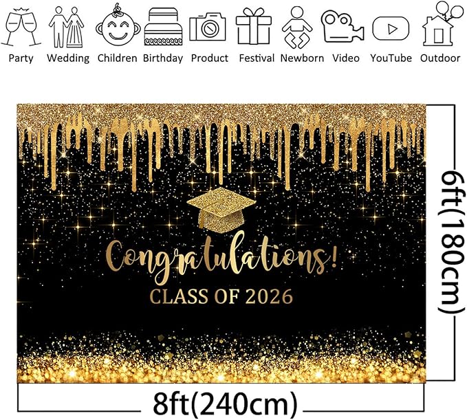 Mocsicka 8x6ft Graduation Backdrop 2026 Black and Gold Graduation Decorations - Image 5