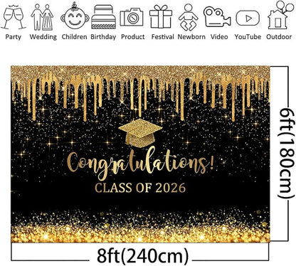 Mocsicka 8x6ft Graduation Backdrop 2026 Black and Gold Graduation Decorations - Image 5