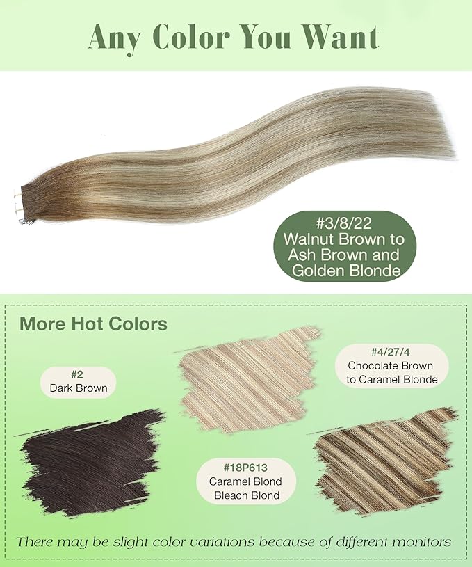 SURNEL Tape in Hair Extensions Balayage Walnut Brown to Ash Brown and Golden Blonde Human Hair Tape in Extensions 14inch 20pcs 50g(#3/8/22-14)
