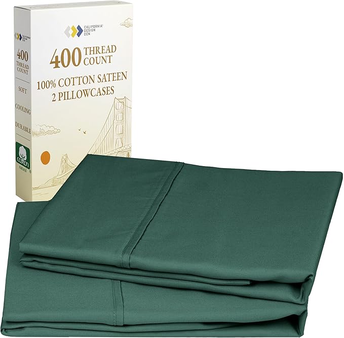 California Design Den King Size Pillowcase Set - 400 Thread Count, 100% Cotton Sateen, Set of 2 Pillow Covers, Soft and Breathable - Hunter Green
