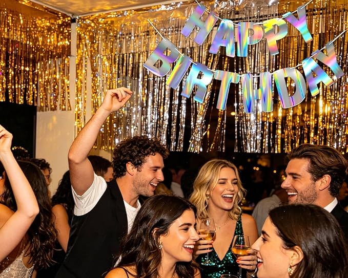 Happy Birthday Banner, Pre-Strung Holographic Iridescent Birthday Sign Decor - Image 4