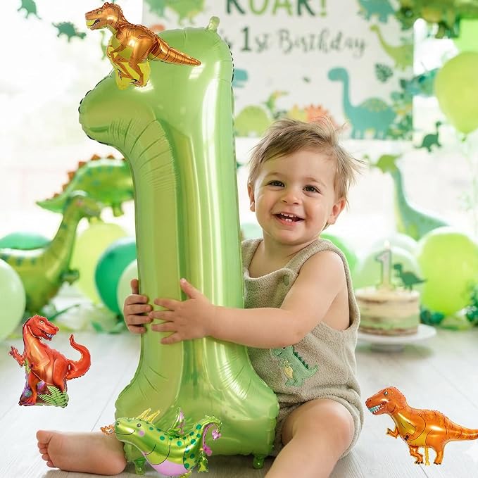 Dinosaur 1st Birthday Decorations 40 Inch Giant Green Number 1 Foil Balloon | - Image 6