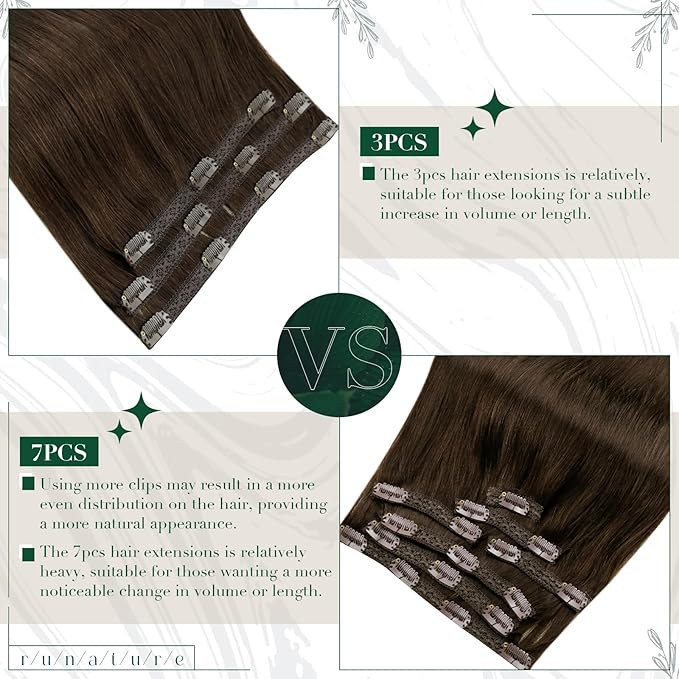 RUNATURE Real Hair Extension Clip in Human Hair, Clip in Hair Extensions Real Human Hair Short, Brown Hair Extensions Clip ins, Natural Looking, 12 Inch 50g 3pcs #4 Medium Brown