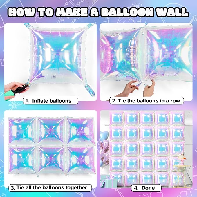 NISOCY 25PCS Iridescent Square Foil Balloons Wall Backdrop | Holographic - Image 5