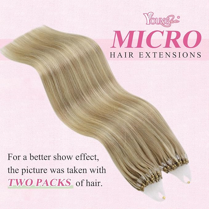 YoungSee Micro Loop Hair Extensions Real Human Hair Blonde Micro Link Hair Extensions Golden Blonde Highlights Beaded Hair Extension 16In 50g 50s Straight Hair Cold Fusion Hair Extension