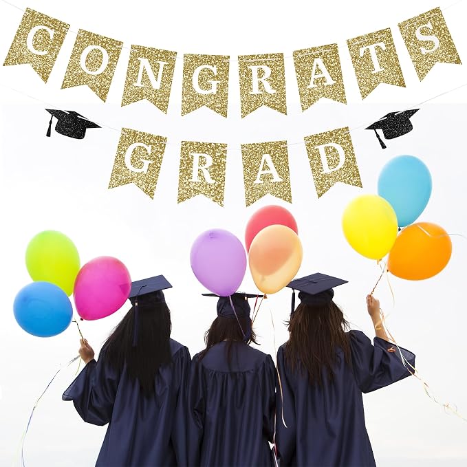 Congrats Grad Banner Gold Glitter Pre-Strung Congrats Grad Sign Decorations - - Image 7