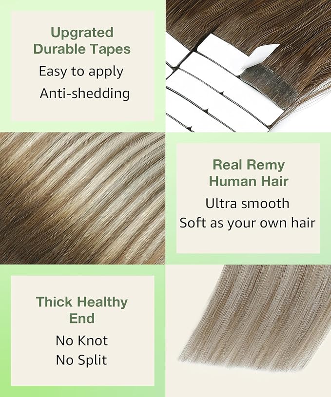 SURNEL Tape in Hair Extensions 16 inch Balayage Darker Brown to Ash Brown mixed Blonde Tape in Hair Extensions Human Hair 20pcs 50g(#3/8/22-16)