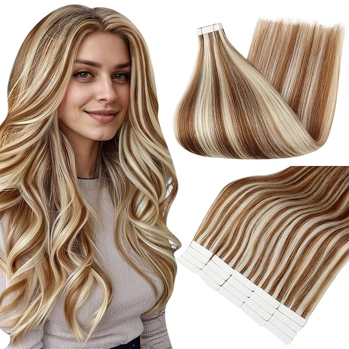 Full Shine Tape in Extensions Real Human Hair 20PCS Color 330 Orange Highlight 800 Blonde Seamless Tape in Hair Extensions Human Hair 50grams Tape ins Human Hair Extensions 22 Inch Add Length