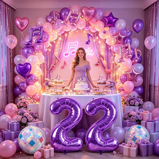 TONIFUL Girl‘s Purple Pink Music Themed 2nd Birthday Decorations | 40 Inch - Image 4