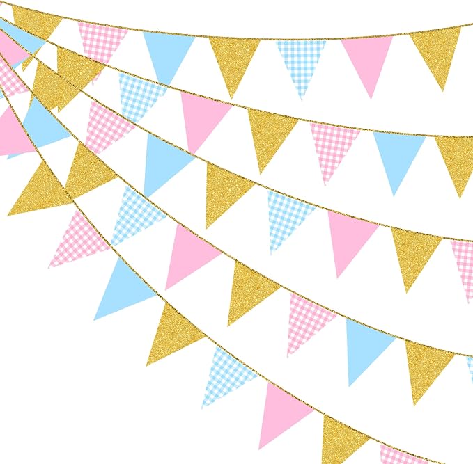 Pink and Blue Buffalo Plaid Gold Party Decorations Pennant Banner Flag Hanging by pinkblume