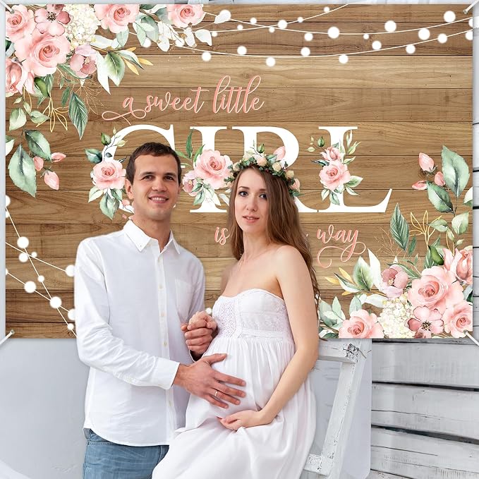 7x5 ft Rustic Wood Baby Shower Backdrop A Sweet Little Girl is on Her Way Baby - Image 2