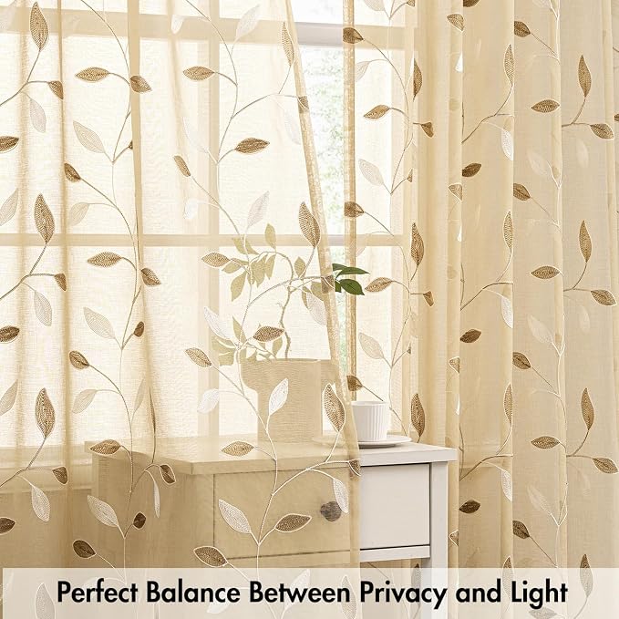 MIULEE Khaki Sheer Curtains 2 Panels Embroidered Leaf Patterned, W52 x L45 | - Image 5