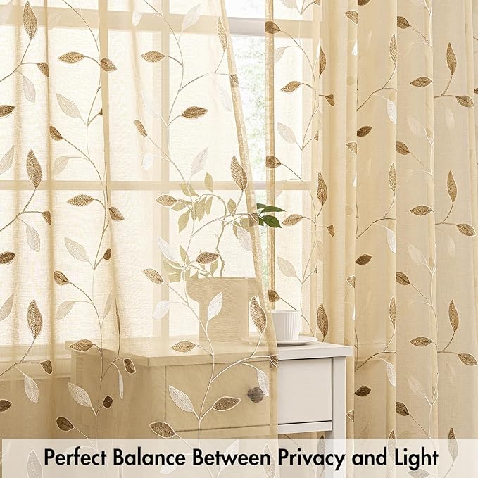 MIULEE Khaki Sheer Curtains 2 Panels Embroidered Leaf Patterned, W52 x L54 | - Image 5