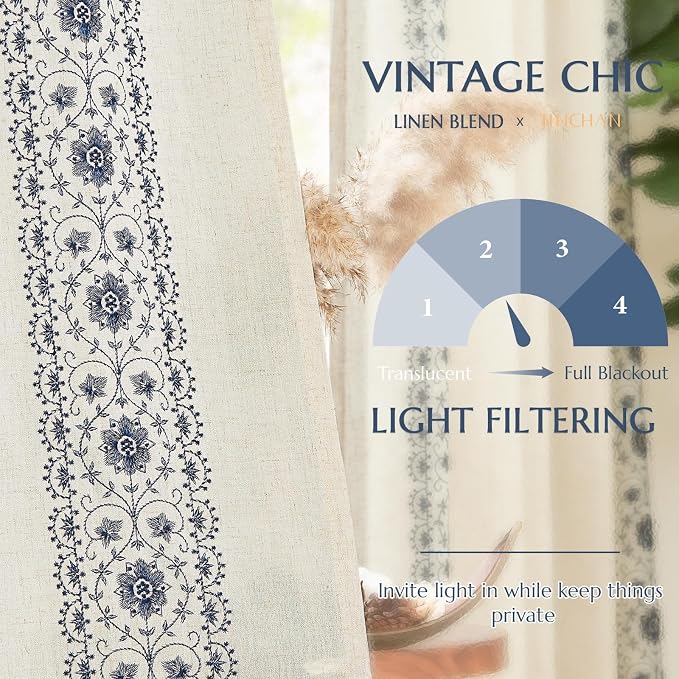 jinchan Blue Floral Embroidered Linen Kitchen Curtains 54×45 Inch 2 Panels | - Image 6