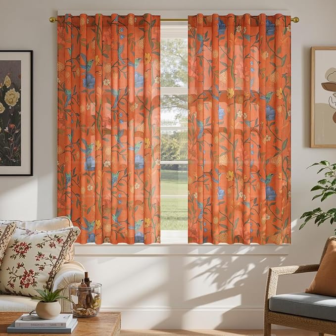 54 Inch Boho Floral Curtains Tropical Bird Print Linen Semi Sheer Window Drapes by JOOJA