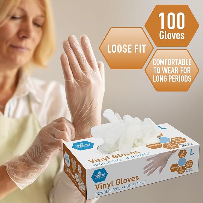 Med PRIDE Vinyl Gloves| Large Box of 100| 4.3 mil Thick, Powder-Free, Non-Sterile, Heavy Duty Disposable Gloves| Professional Grade for Healthcare, Medical, Food Handling, and More
