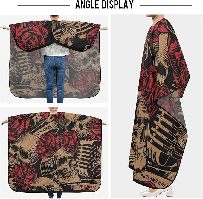 ALAZA Vintage Skulls Music Roses Barber Cape for Men Women, Waterproof Haircut Apron Beard Shaving Bib Hair Cutting Cloth 55 x 65 Inch