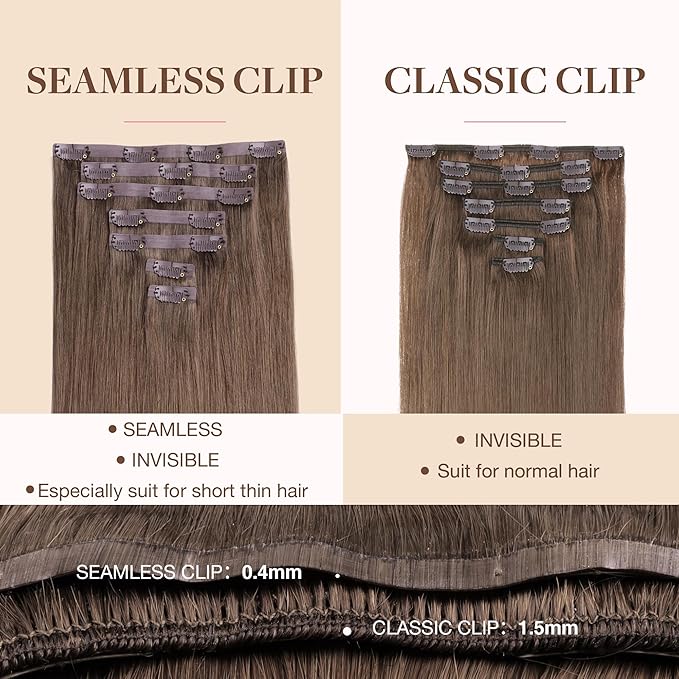 GOO GOO Clip in Hair Extensions Real Human Hair, Remy Human Hair Extensions Clip ins for Women, Natural Human Hair, 22inch 110g 7Pcs, 5 Light Ash Brown