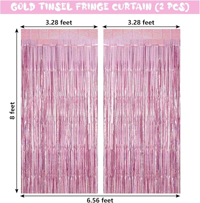 Pink Tinsel Foil Fringe Curtain Backdrop, 3.3 x 8.2 ft Metallic Glitter Curtain - Image 3