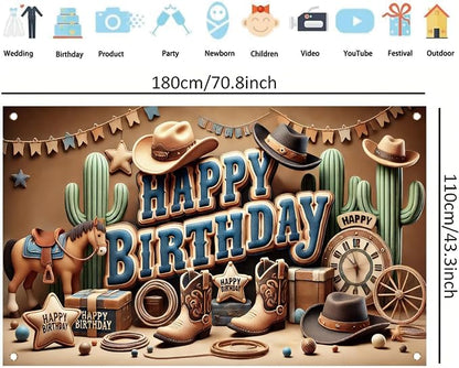 Western Cowboy Happy Birthday Banner Backdrop Rustic Wild West House Barn Photo - Image 4