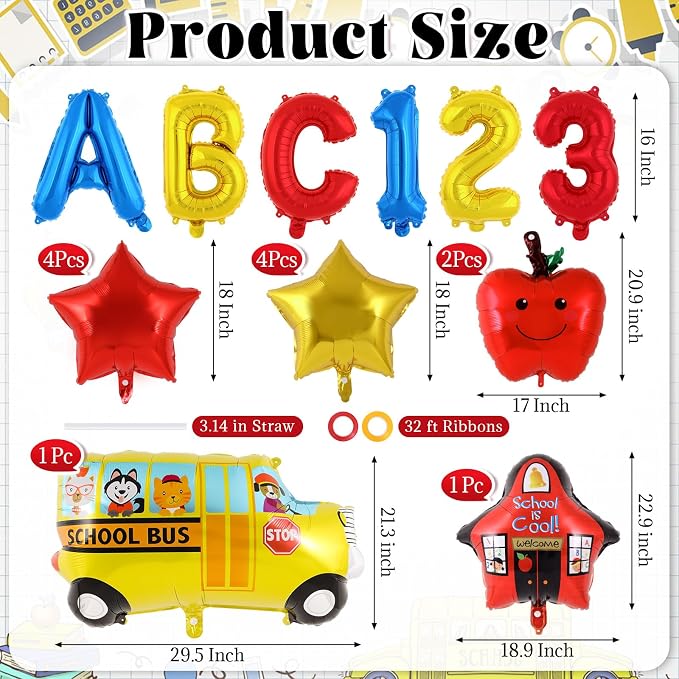 18 Pcs Large Back to School Balloons, Colorful Star Bus House ABC Foil Balloons - Image 2