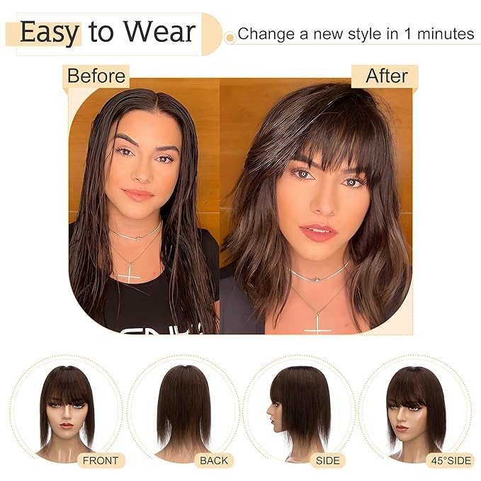 SEGO Hair Toppers for Women Real Human Hair With Bangs, 7 * 13CM Silk Base 100% Remy Human Hair Clip in Top Wiglet Hairpieces Add Volume -10 Inch Dark Brown