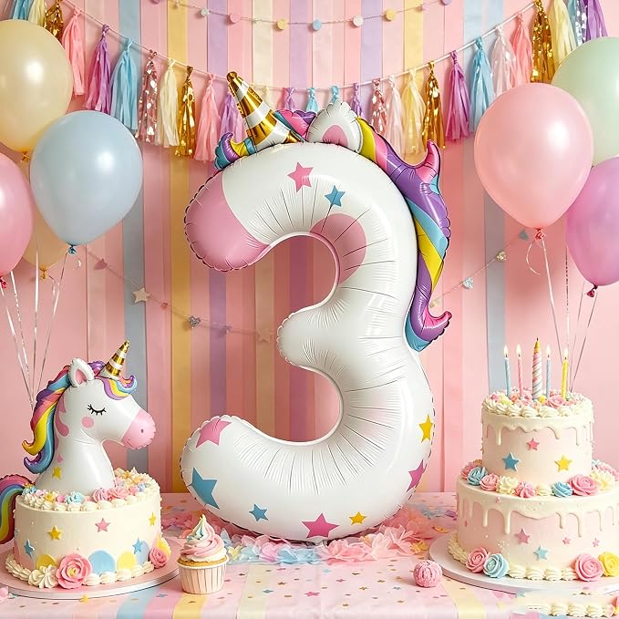 Unicorn Theme Number 3 Balloon, 40 Inch Foil Number Balloon - Image 4