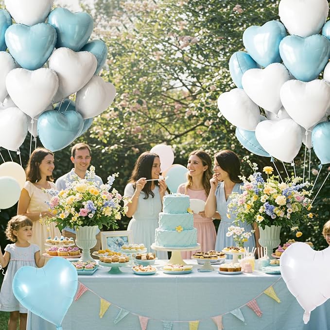 TONIFUL 30 Pcs Blue White Heart Balloons 18 Inch Heart Shape Foil Balloon | - Image 3