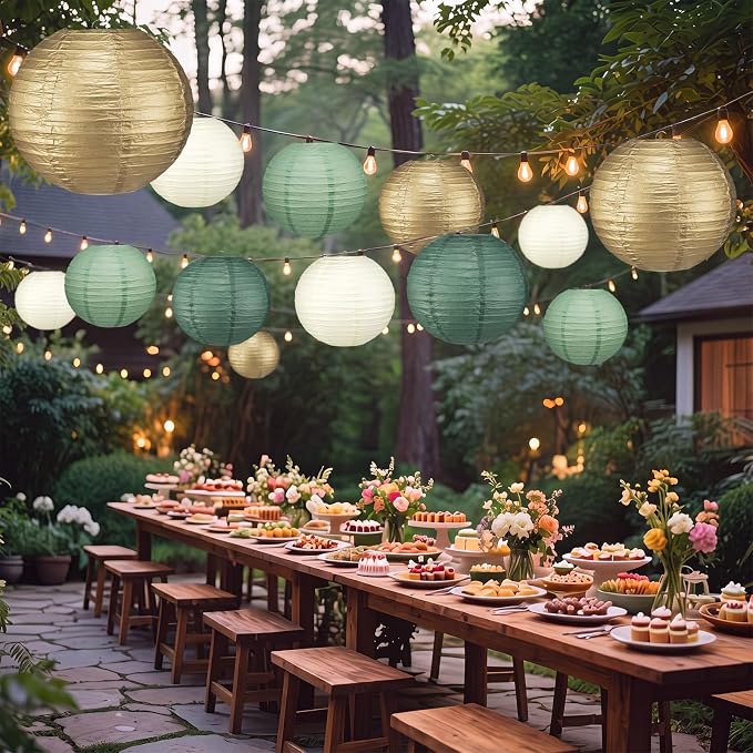 12 Pcs 10" Golg Greem Boho Paper Lanterns Party Classroom Decor - Image 7