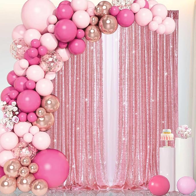 Pink Sequin Backdrop Curtains Party Photo Glitter Drapes 2 Pcs 2FTx8FT | - Image 2