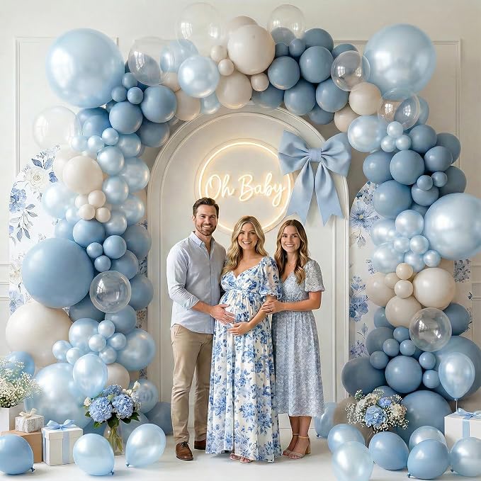 Dusty Blue Balloons, 12 inch Double Stuffed Dusty Pearl Light Blue Sand White - Image 3